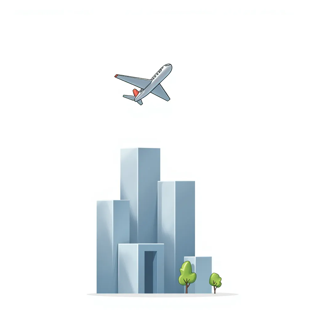 plane flying into tall building in the style of AIBG, white background