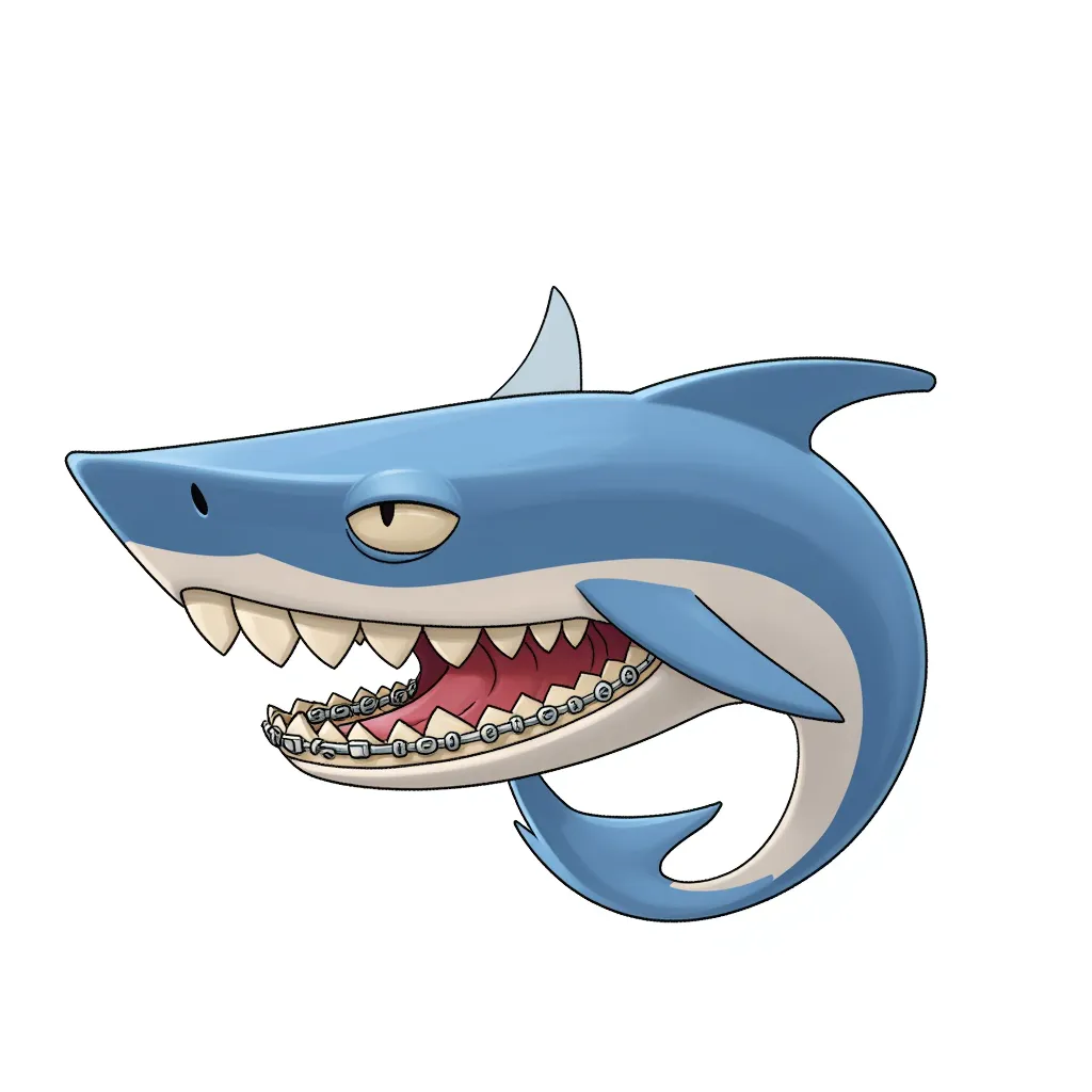 A fearsome blue shark, but he's still going through puberty so he is really akward and uses braces.