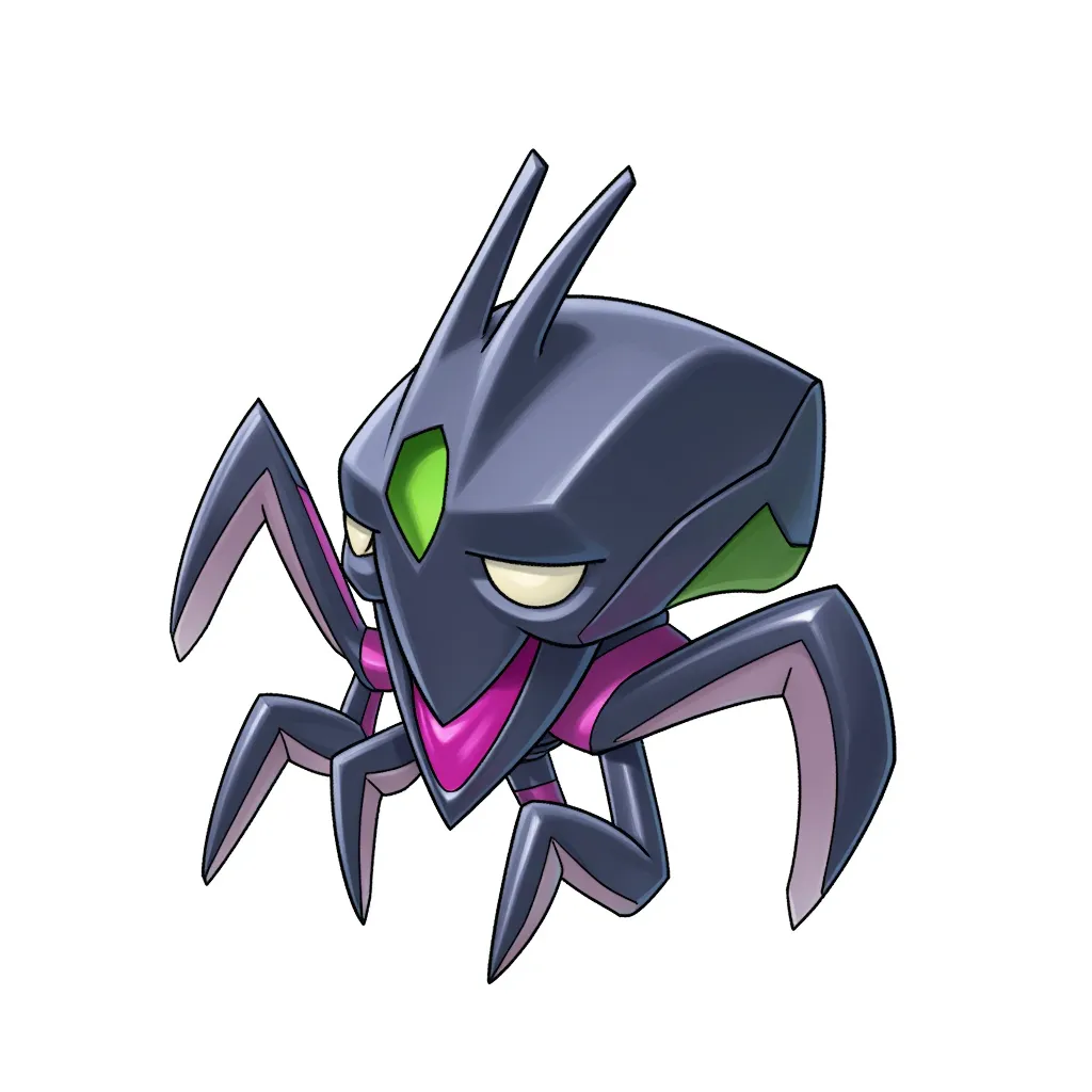 cartoon illustration of a dark metallic insect-like creature with angular head, sharp legs, and purple-green accents, tired expression with drooping eyes, clean line art, soft digital shading, centered on white background, stylized chibi monster design, digital art
