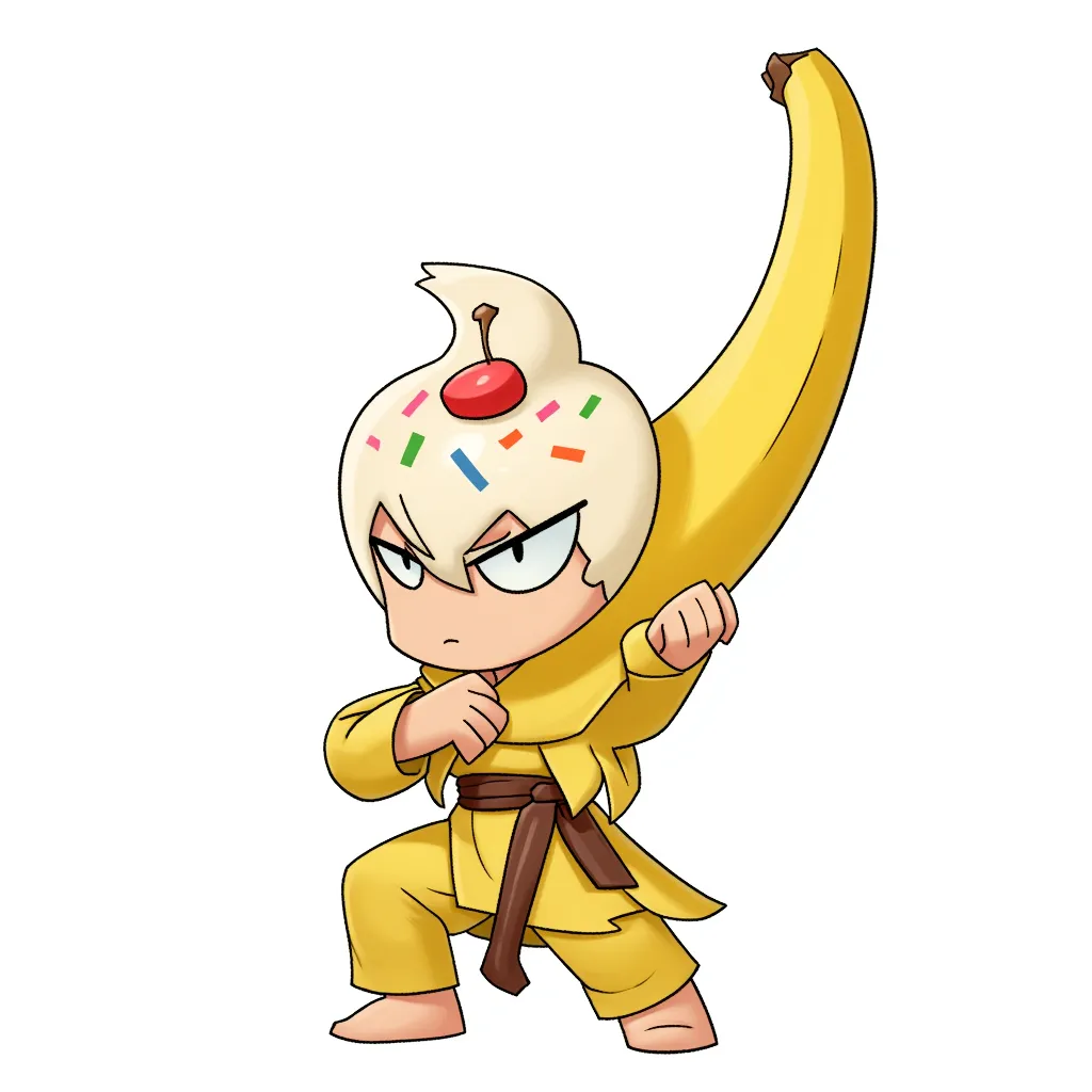 cartoon illustration of a small humanoid ice-cream character (banana split) with a scoop head topped with sprinkles and a cherry, wearing a yellow monk robe, holding a giant banana sword in a ready fighting stance, clean line art, soft shading, white background, full body character, whimsical digital art, chibi proportions, humorous fantasy tone