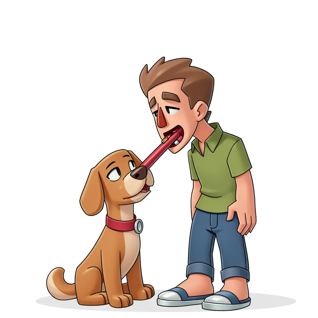 a dog sucking a man's dick. blowjob. oral.