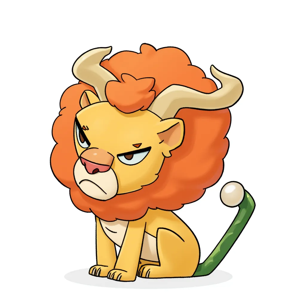 cartoon illustration of a mythical lion-like creature with large orange mane, curled horns, green snake tail ending in a pearl, sitting with a grumpy expression, clean line art, flat digital coloring, minimal white background, digital art, stylized chibi proportions, fantasy creature design