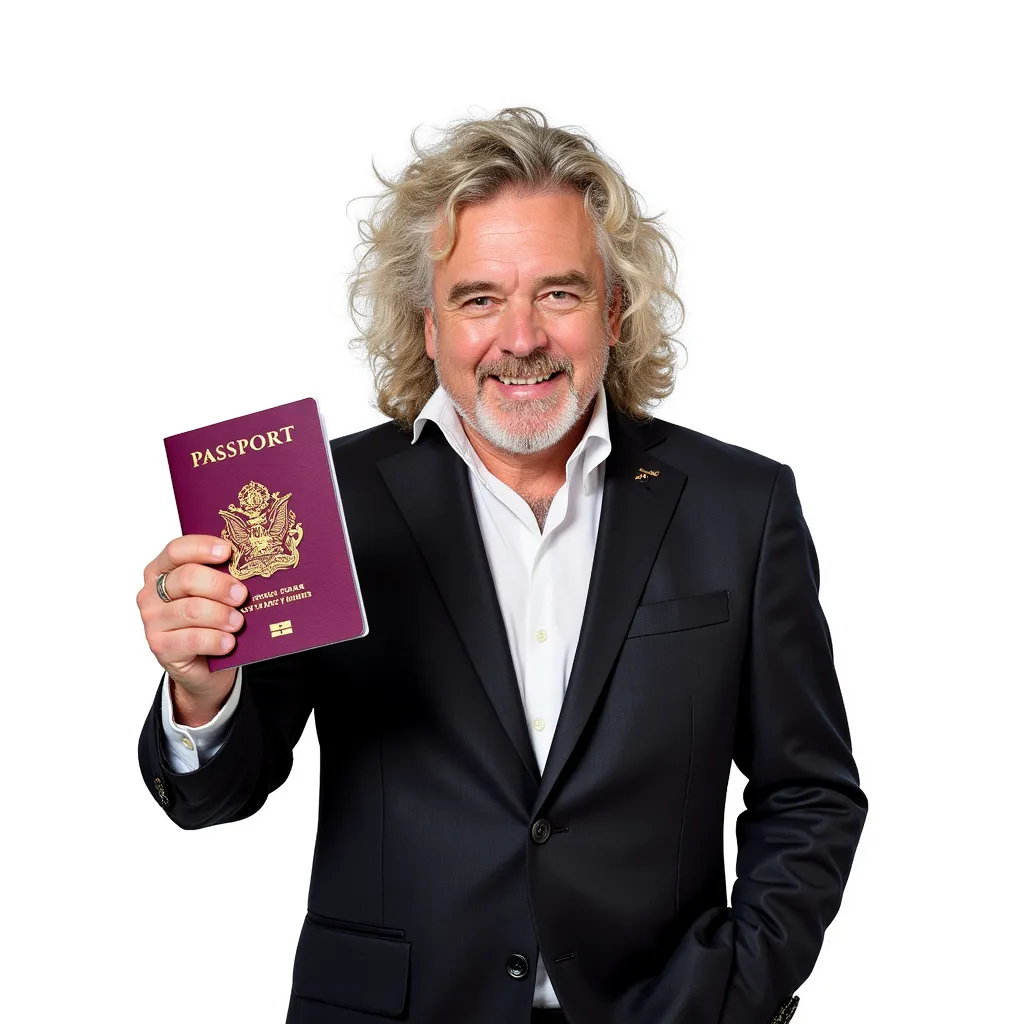 robert plant with a new passport after mass shooting in the style of AIBG, white background