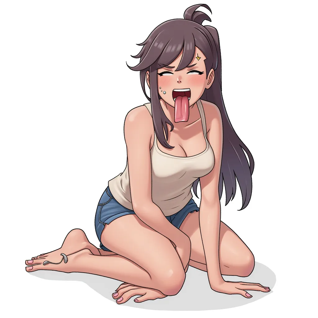 female kneeling, mouth open, tongue out, drooling