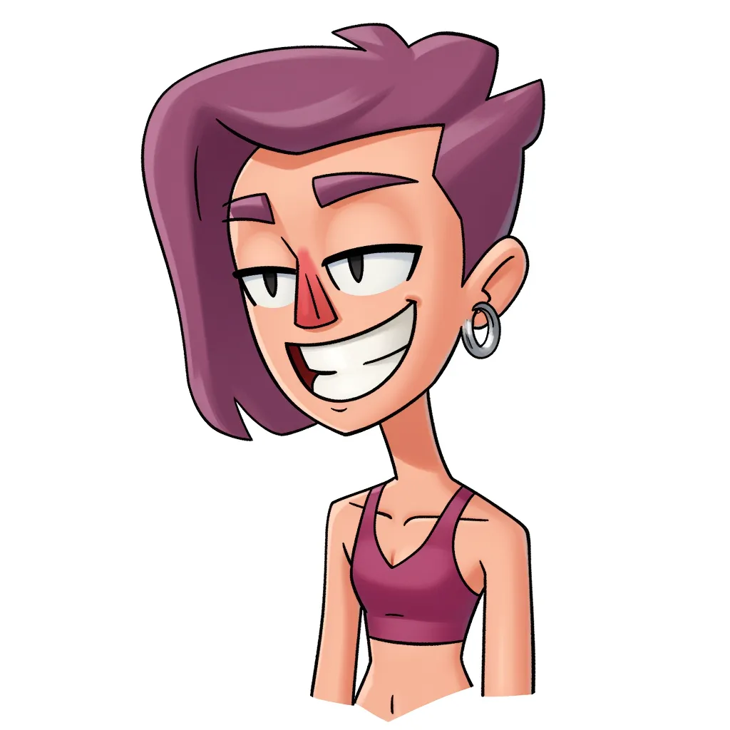 cartoon illustration of a cheerful character with a wide smile, wearing a super tight outfit with a fitted top, big tits, stylized proportions with exaggerated features, clean line art, soft digital shading, centered on white background, humorous tone, chibi style
